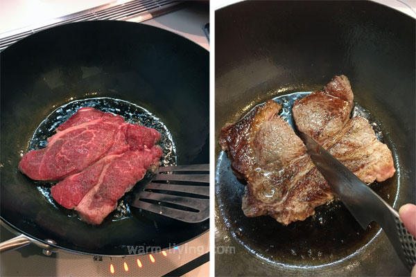 鉄フライパンは金属製調理器具が使える/ターナーで肉をすくう/包丁で肉を切る