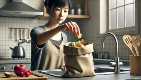 キッチンで生ごみを捨てる女性