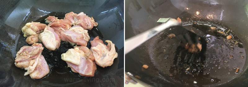 鉄フライパンの鍋底にくっついたチキン